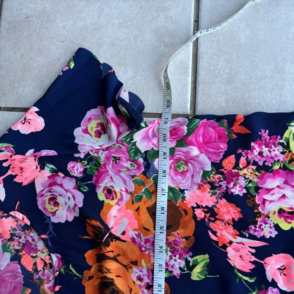 12 Pm By Mon Ami Navy Floral Midi Dress with Pink & Orange Blooms - Picture 6 of 7